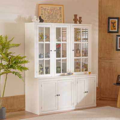 Ensemble de garde-manger autoportant de 75,25 po de hauteur avec rangement, armoires de présentation de ferme de 60 po de largeur avec portes en verre, combinaison murale avec fenêtres à treillis, pour les couloirs, le salon, la cuisine et le bureau - blanc