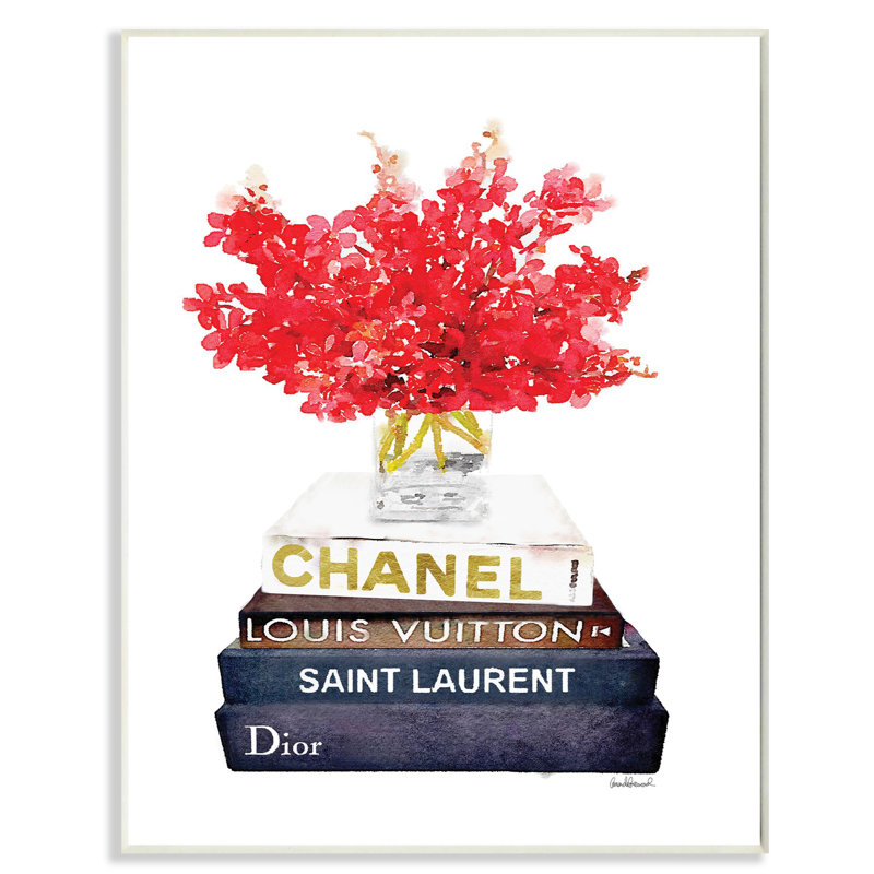 « mode motif rouge fleur bookstack », impression, Plaque en bois, H 15 po x l 10 po x P 0,5 po