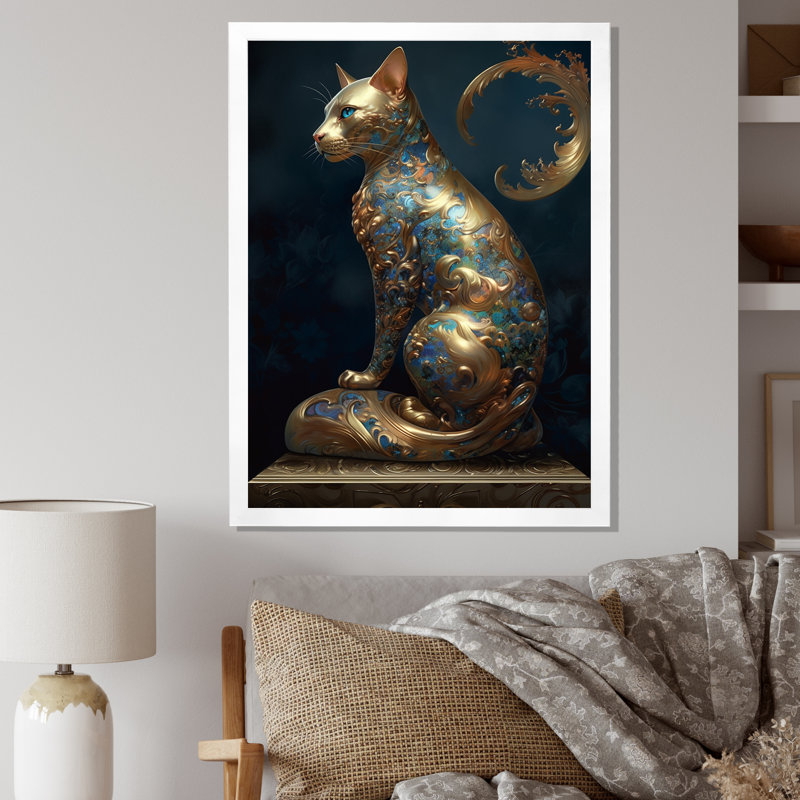 Statue glamour de sarcelle et de chat majestueux doré sur toile, H 20 po x l 12 po x P 1 po, Cadre simple blanc