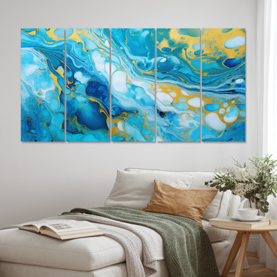 Turquoise luxueux abstrait Art fluide X - Art mural abstrait salon - 5 panneaux égaux