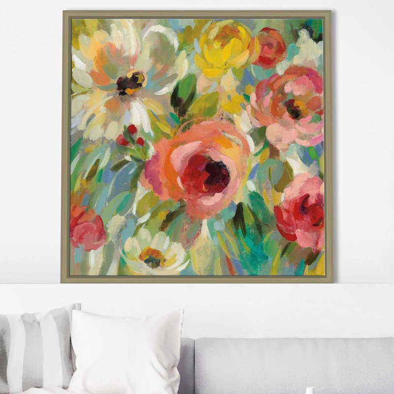 «Vivid Coral Floral I I», reproduction d'art, Cadre flottant champagne, H 21,5 po x l 21,5 po x P 2 po