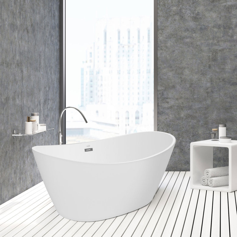 59" X 30" Freestanding Hourglass Soaking Acrylic Bathtub, In White, With Brushed Nickel Overflow And Drain