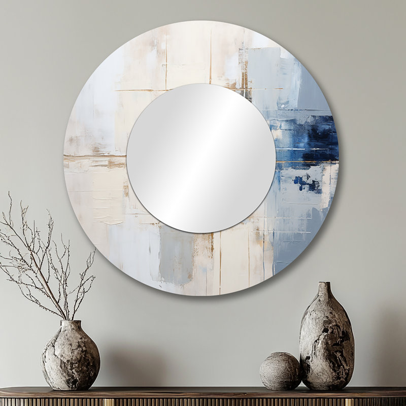 Serach White And Blue Paint Fusion - Abstract Painting Mirror, Beige Round Decorative Wall Mirror, Printed Metal Art