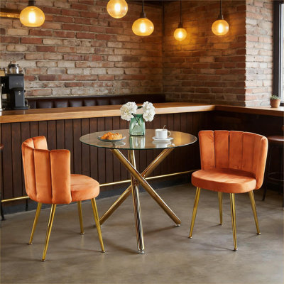 Ensemble de 2 chaises de salle à manger rembourrées en velours orange riche avec pieds en métal doré