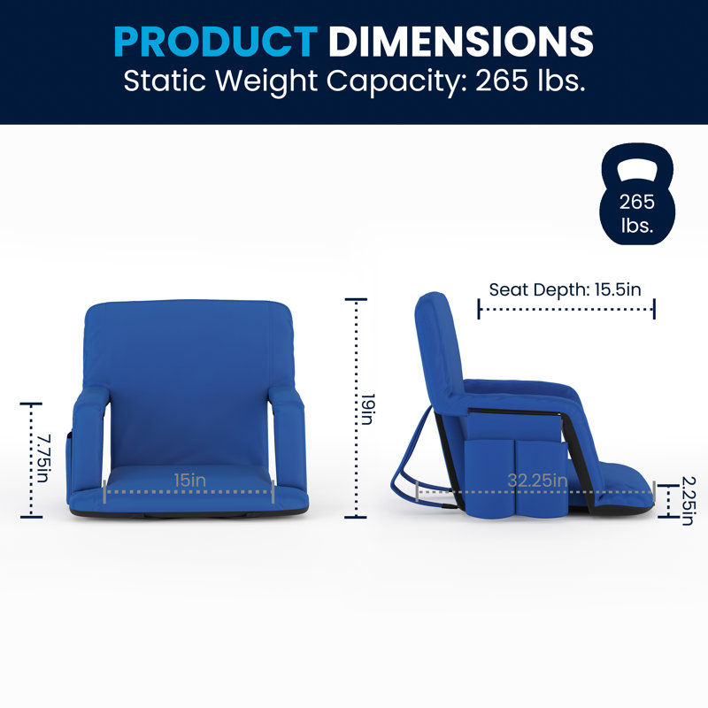 Reclining Backpack Padded Stadium Chairs-Armrests & Storge Pockets, Blue