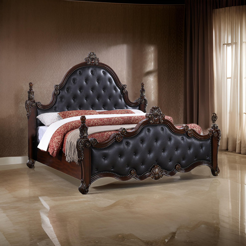 Moni Bed, Tufted Classical Upholstery, King, Black/Cherry Brown