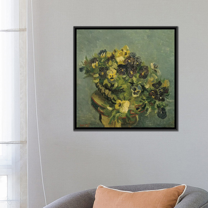 Panier de pensées sur une petite table par Vincent Van Gogh - Giclée sur toile tendue avec châssis, Toile avec cadre noir