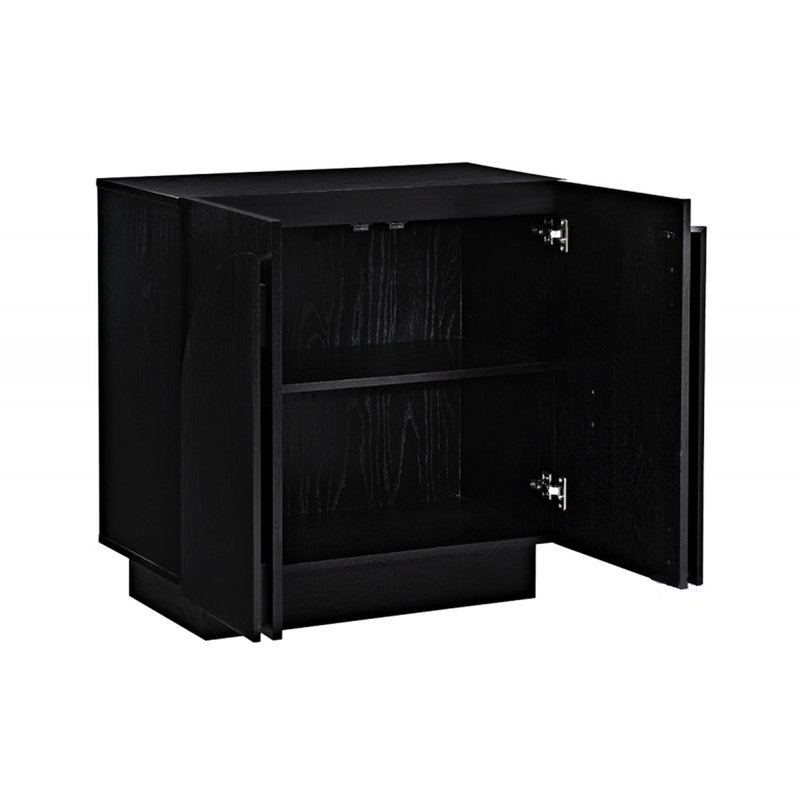 Mid-Century moderne, noir, rangement dans le salon, coins arqués, silhouette à bord arrondi, buffet en bois d'hévéa, cuisine,