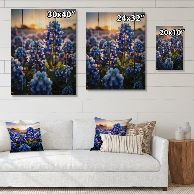 Bluebonnets Flower Blissful II - impression florale et botanique sur bois de pin naturel, H 40 po x l 30 po x P 0,78 po