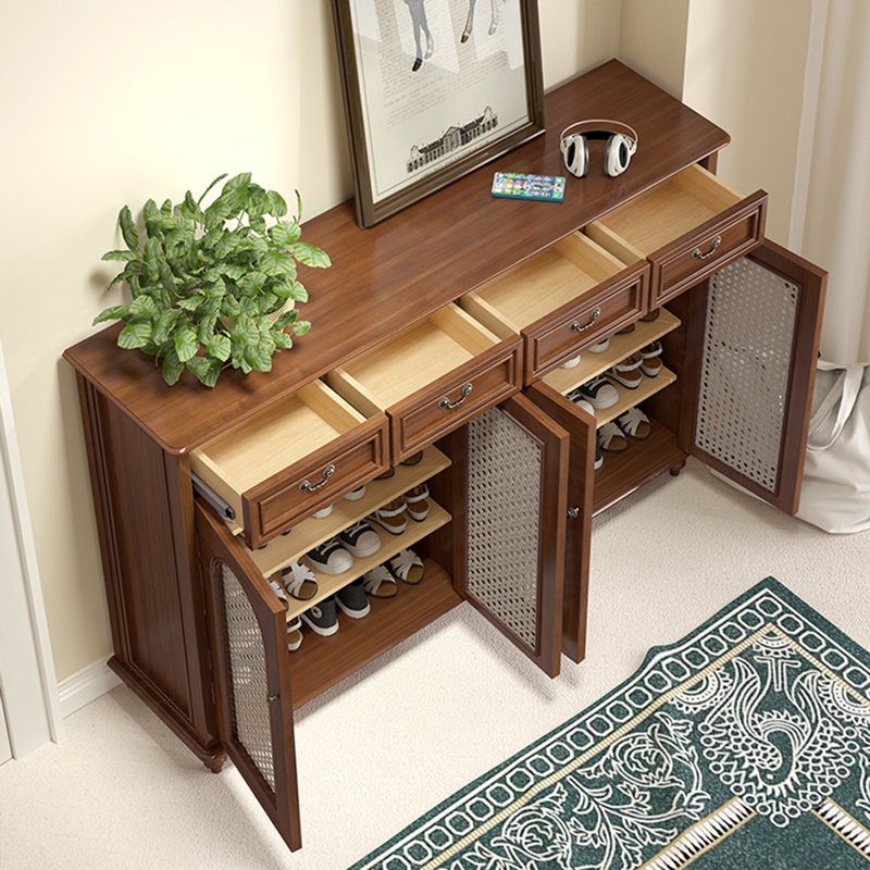 Nut-brown Solid Wood+Rattan Shoe Storage Bench
