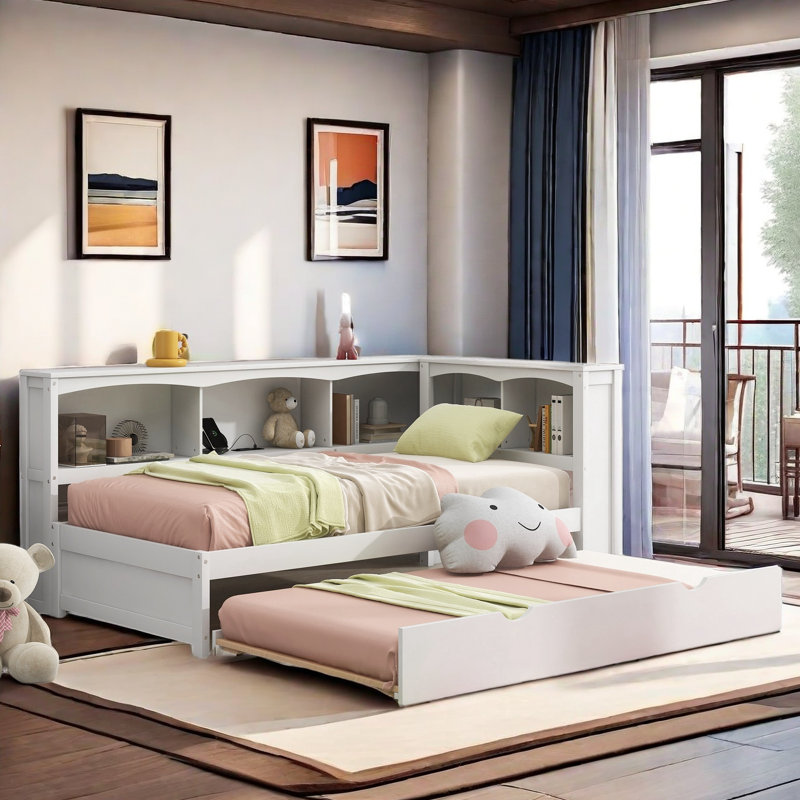 Lit de jour moderne avec lit gigogne, armoires de rangement et ports USB, Blanc