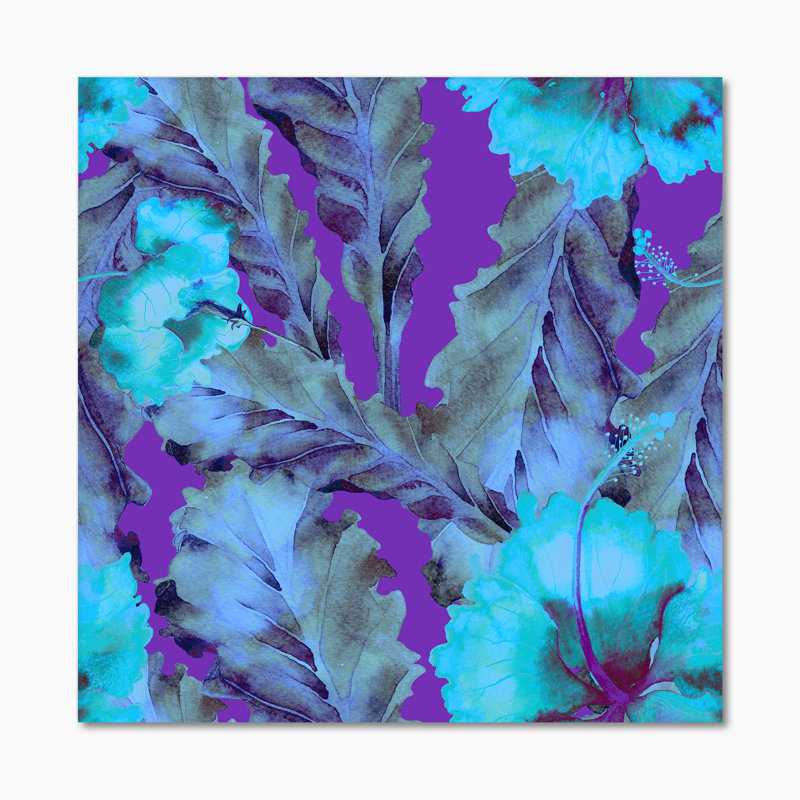 Turquoise, feuilles tropicales sur fond mauve - impression sur toile, H 30 po x l 30 po x P 1 po, Toile tendue