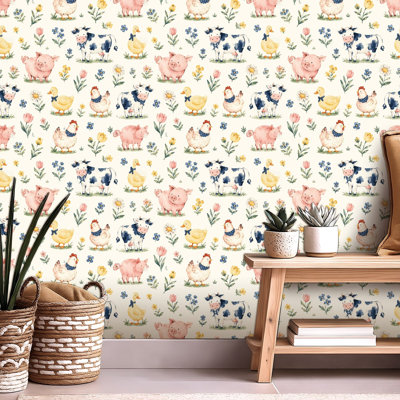 Peel and Stick Wallpaper Contact Paper Watercolor Farm Animal Seamless Pig Cow Self Adhesive and Removable 24in x 118in(60x300cm)