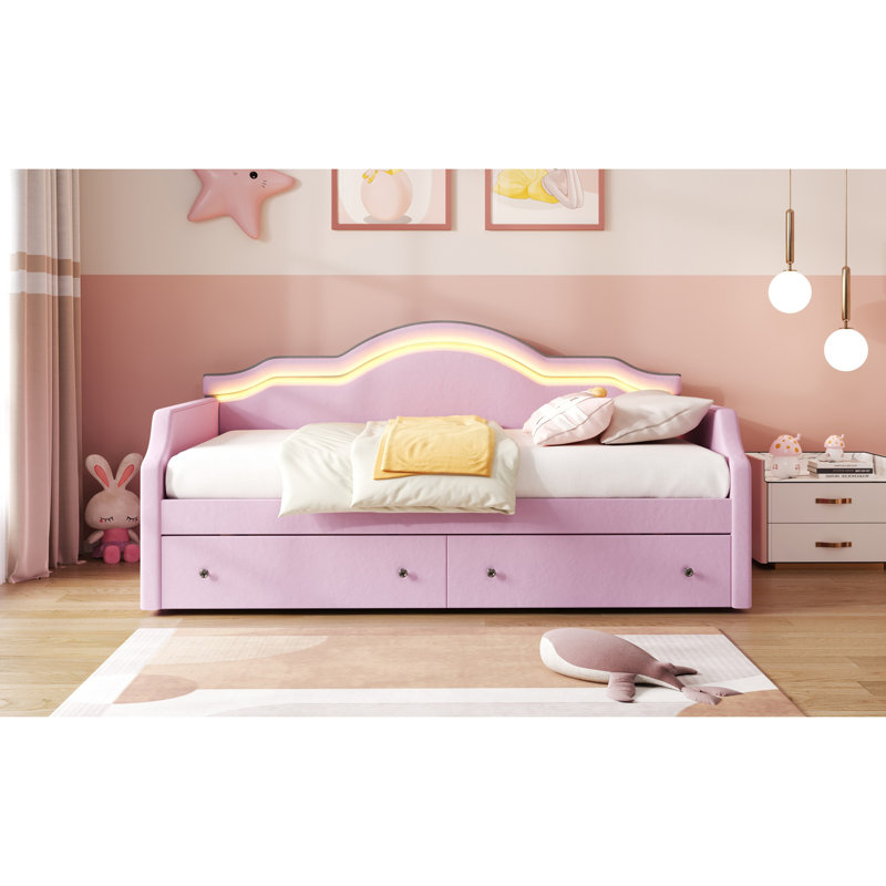 Lit de jour rembourré rose avec éclairage DEL et 2 tiroirs - Doux et pratique, Lit simple, Rose