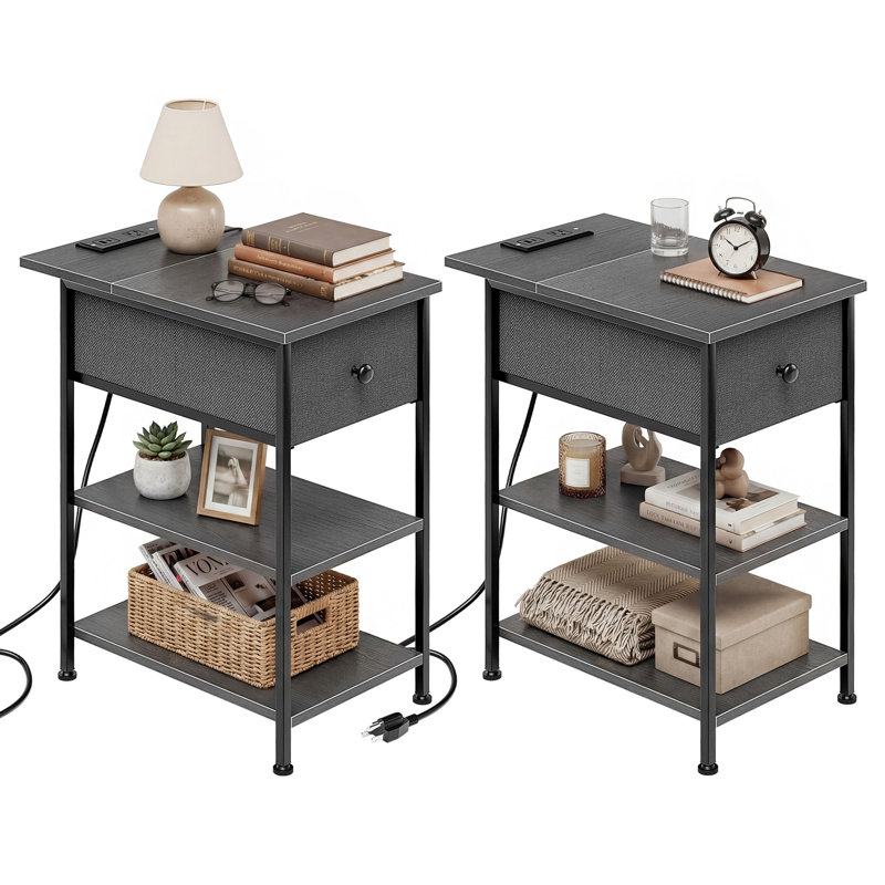 End Table With Shelves And Charging Station, Flip Top Side Table With Usb Ports And Outlets, Bedside Table, Nightstand
