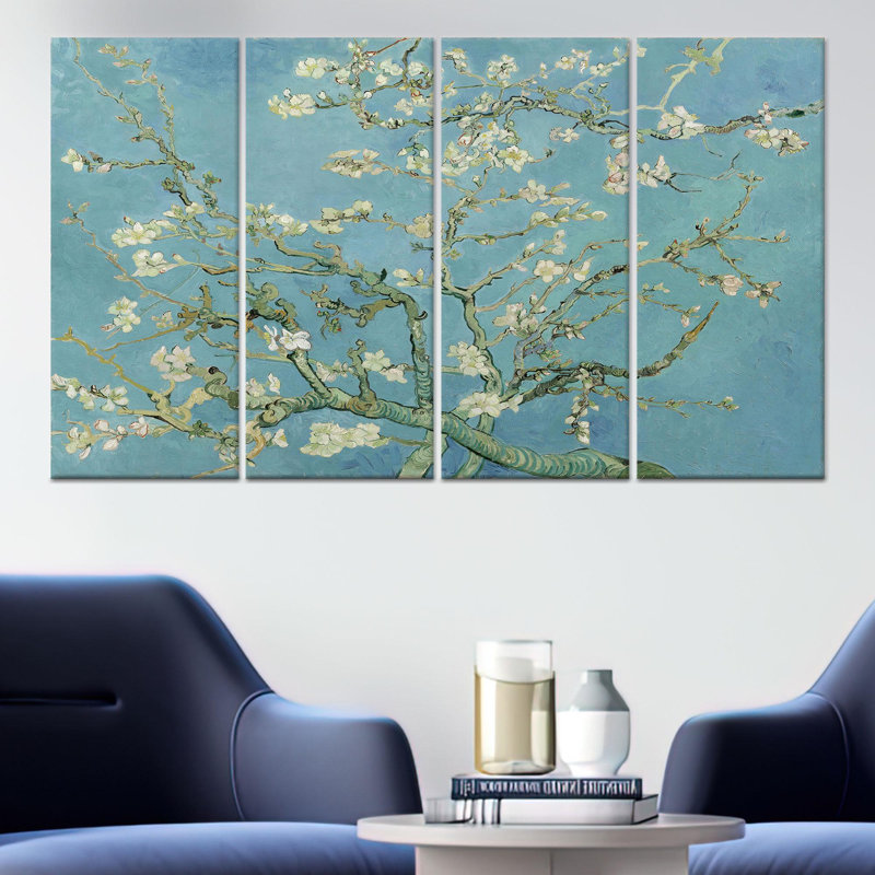 Art mural floral rétro: toile d'amande fleurie Van Gogh, toile tendue 4P, H: 55,1 po x l: 78,7 po