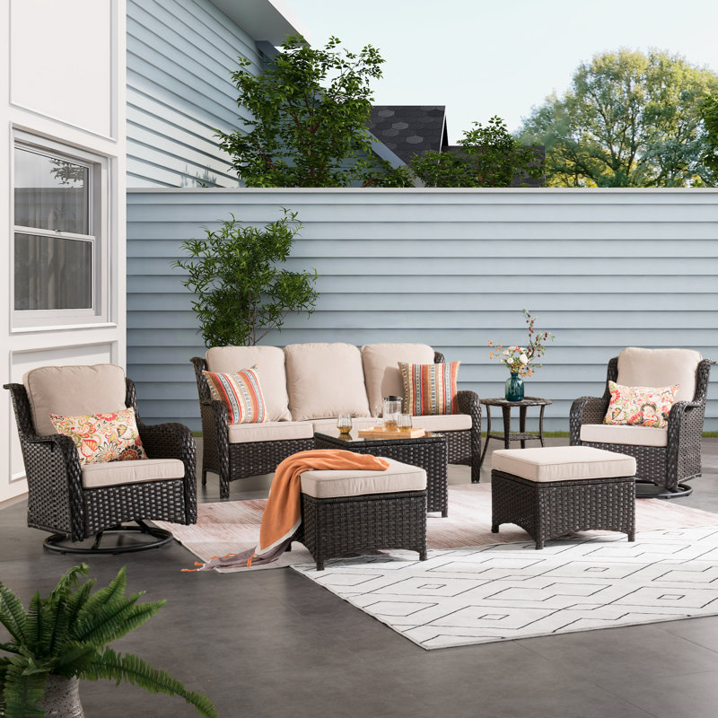 Emlynne 6 - Person Patio Conversation Set with Cushions, Beige, Brown