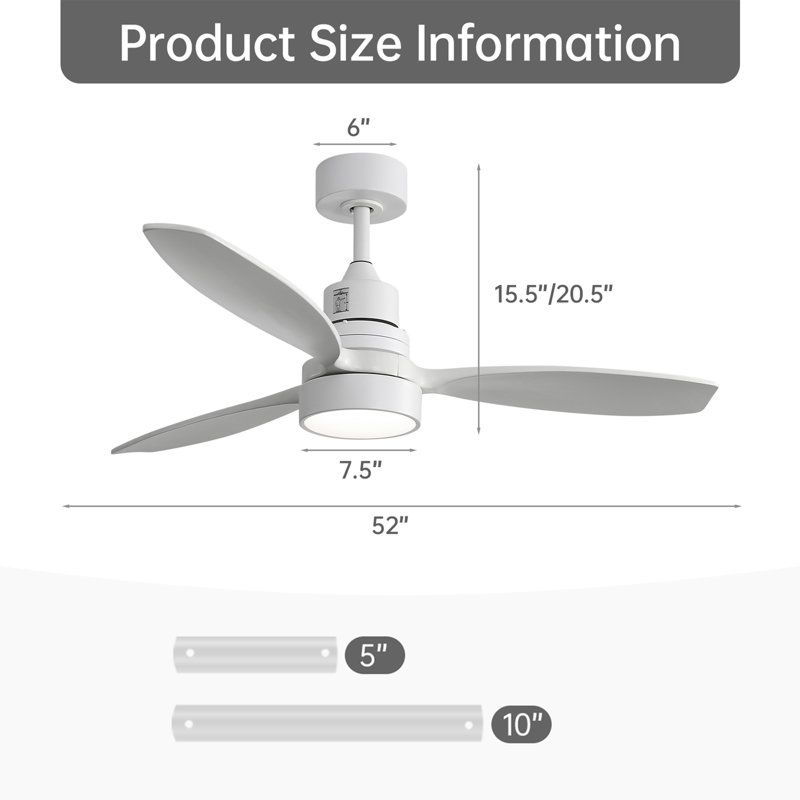 Ventilateur de plafond à 3 pales en bois massif 52 po avec lumières DEL et télécommande Kemp, Blanc avec pales blanches