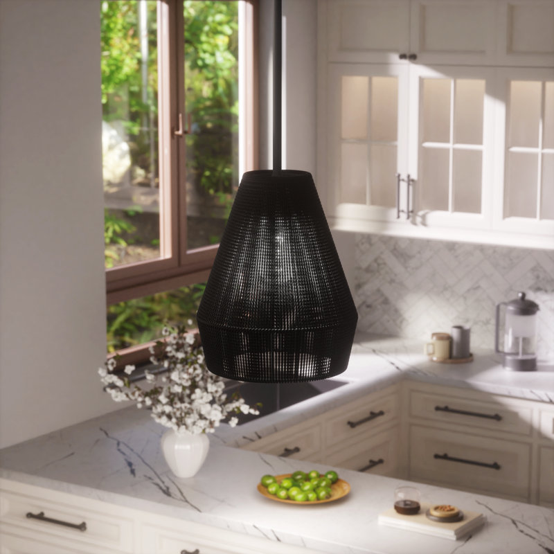 1 - Light Kitchen Single Steel Dimmable Woven Rattan Pendant UL Certified, Black