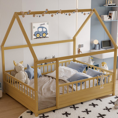 Lit double pleine grandeur avec structure en pin naturel, barrière de sécurité pour chambre à coucher confortable, lit à structure facile à assembler, repos en bois sécuritaire, entrée spacieuse