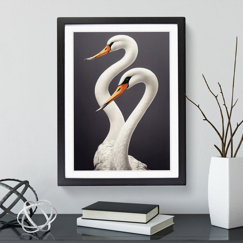 Two Pretty Swans - Wall Art, Black Picture Framed, 66cm H x 48cm W x 3cm D, White