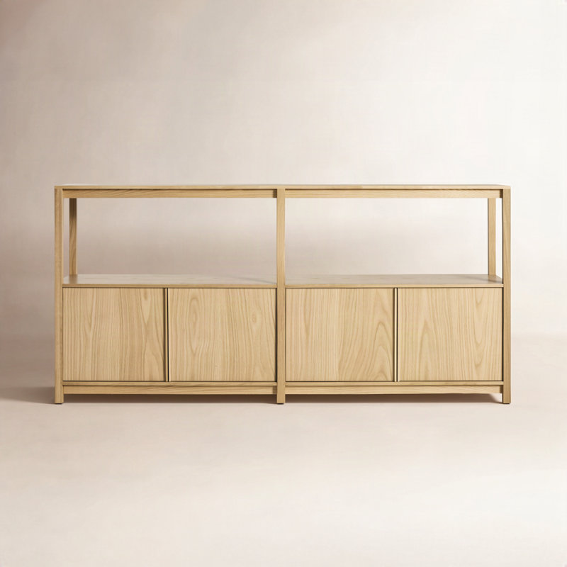 Open Plan Low Bookcase with Storage, (2 Sheves) 33" H x 68" W x 13" D, White Oak