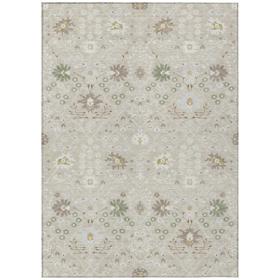 3' X 5' Beige Brown And Green Oriental Washable Indoor Outdoor Area Rug