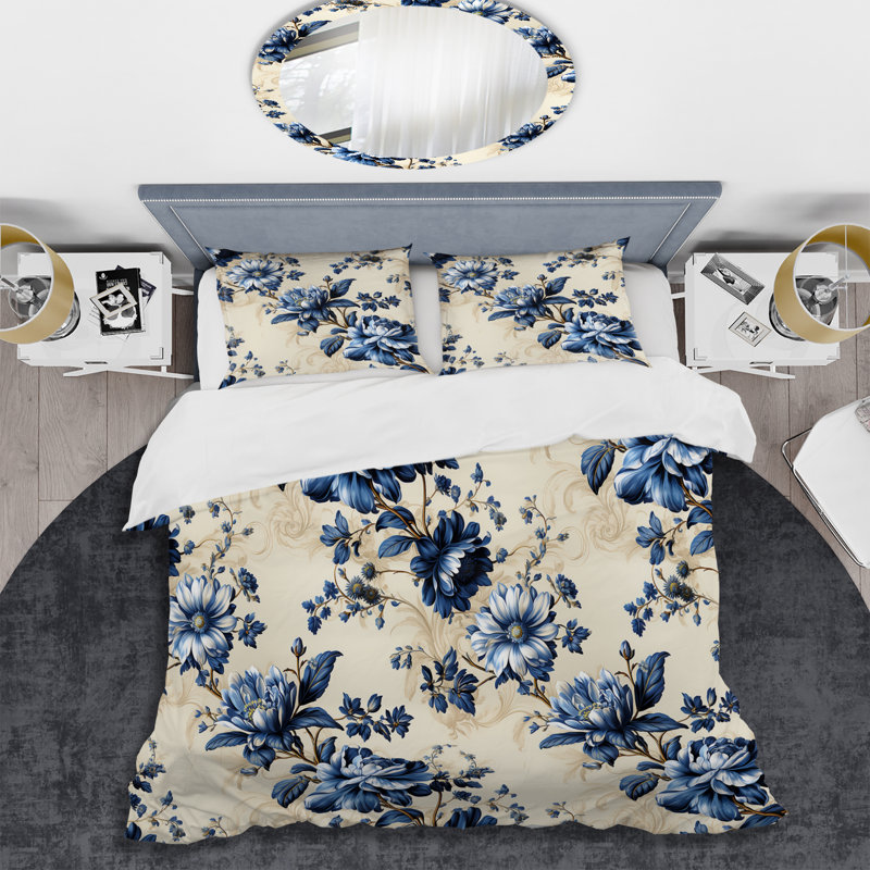 Blue Ornamental Frames Victorian Pattern V Duvet Cover, Queen Duvet Cover + 2 Standard Shams