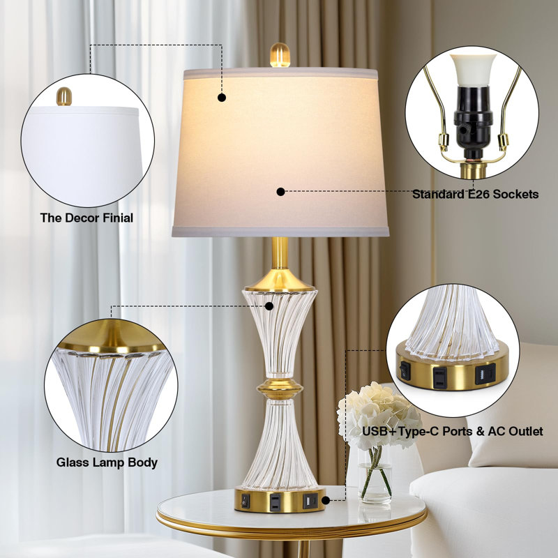 Elegant Gold and Crystal Glass Table Lamp Set with White Drum Shade