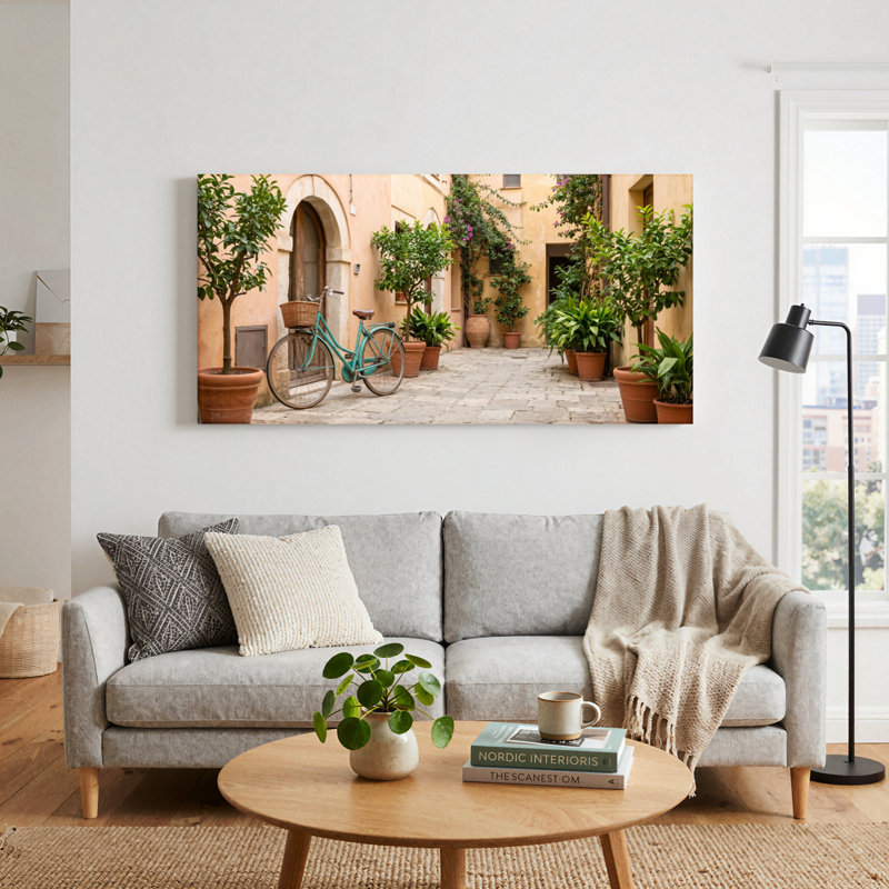 Ensemble de 1 tableau sur toile représentant un vélo dans une cour, L 32 po x H 16 po, Toile tendue