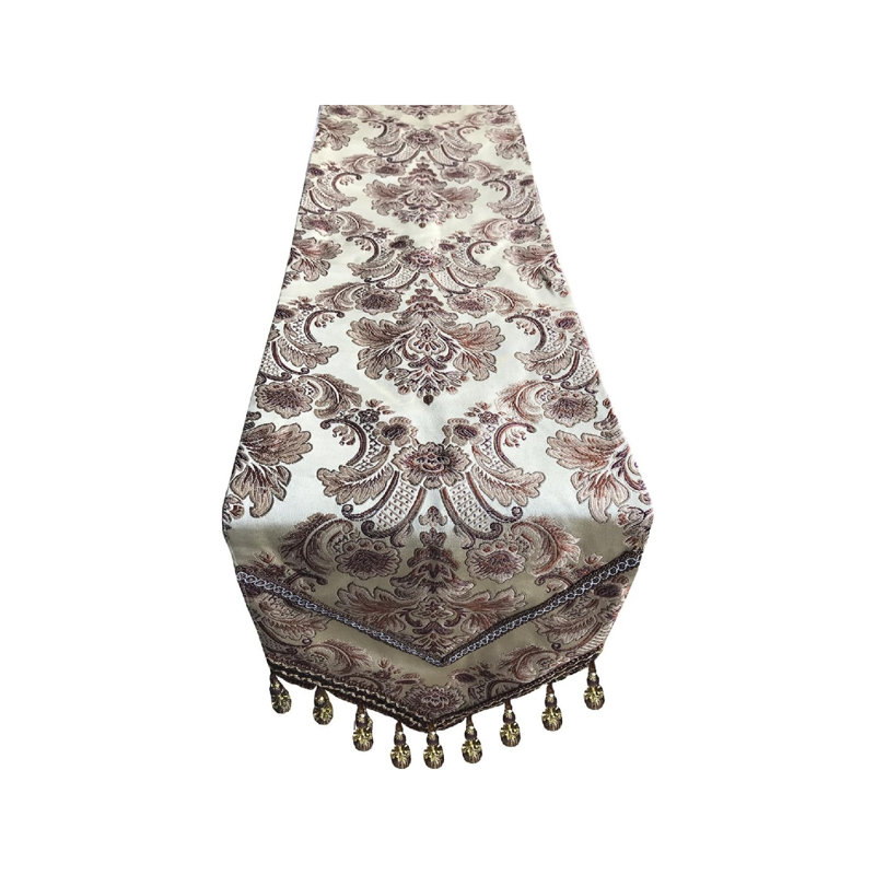 Home Tablecover Bead Luxurious Cotton Linen Velvet 3D Relief Embroidered Floral Pattern Table Runner 13x83 In (Beige)
