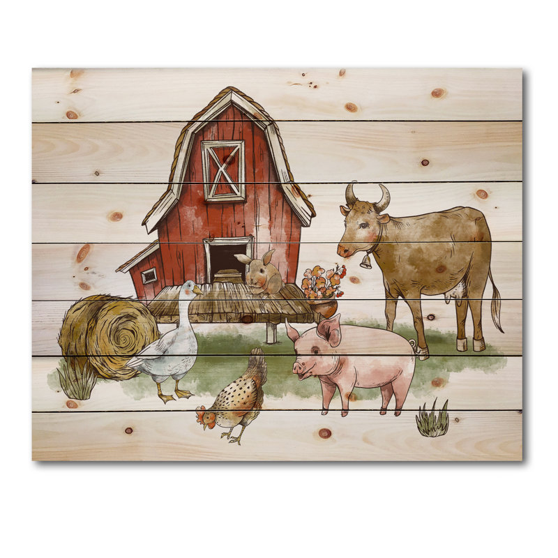 Ferme avec cochon de vache oie et botte de foin - impression rustique sur bois de pin naturel, H 30 po x l 40 po x P 0,78 po