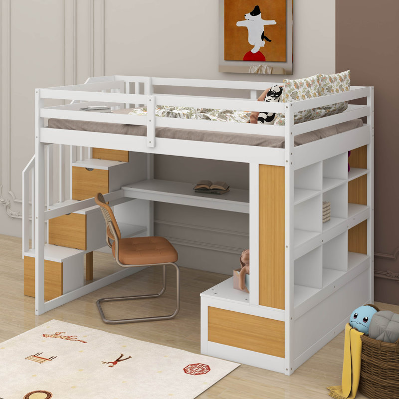 Lit mezzanine double avec bureau, tablettes et tiroirs, Blanc/naturel