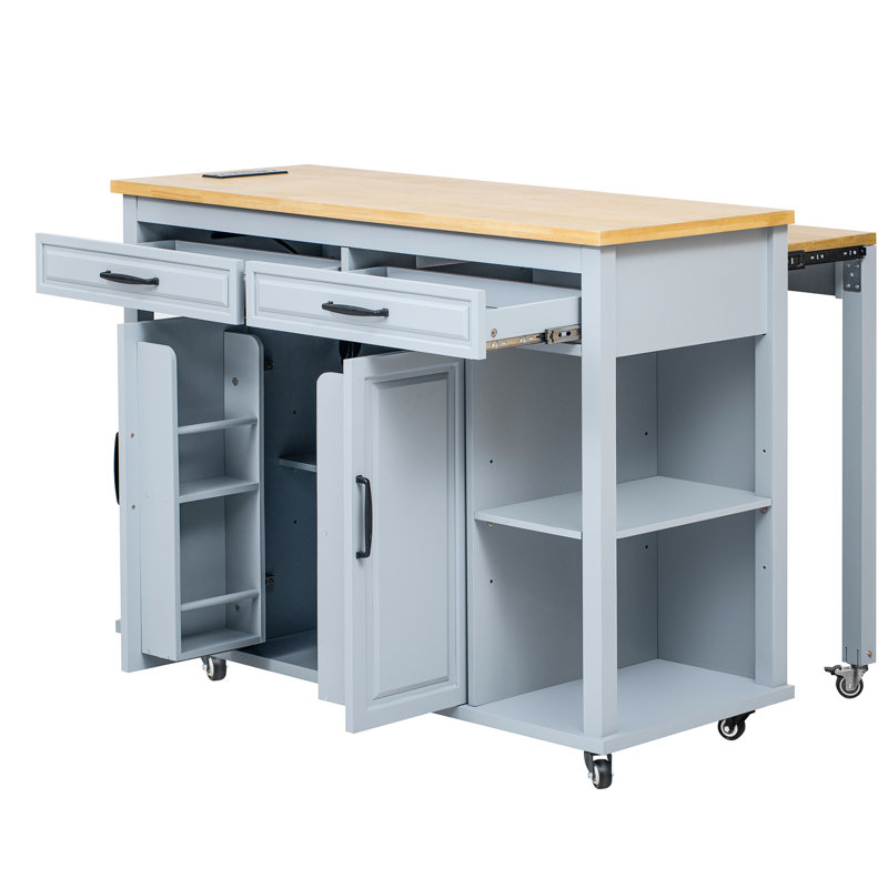 Kitchen Island With Extendable Table, Rubber Wood Veneer, 2 Drawers, Cabinets, Internal Storage Rack, Ac Outlets, 1 , Type - C, Mobile And Stationary 47 Inch Island, Dining Storage, Soft Close Hinges