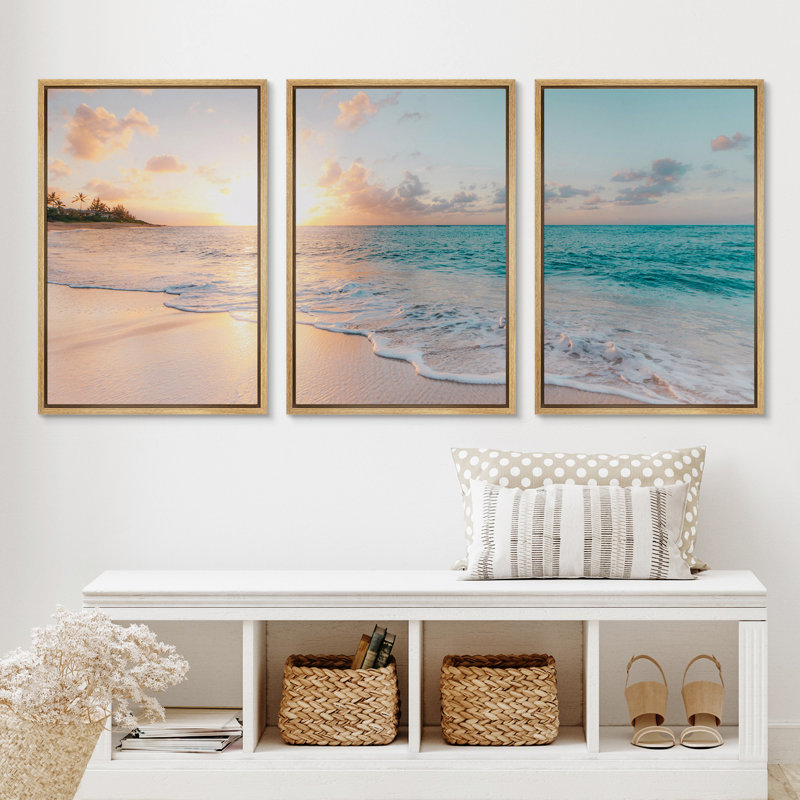 Aesthetic Sunset on Teal Ocean Coastal Beach Shore Framed Canvas 3 Pieces Print Triptych Wall Art, 36" H x 72" W