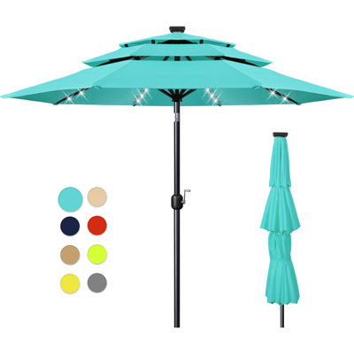 Parasol de patio solaire à 3 niveaux de 10 pieds, 8 lumières DEL avec 8 nervures robustes, protection contre les rayons UV pour la terrasse du jardin