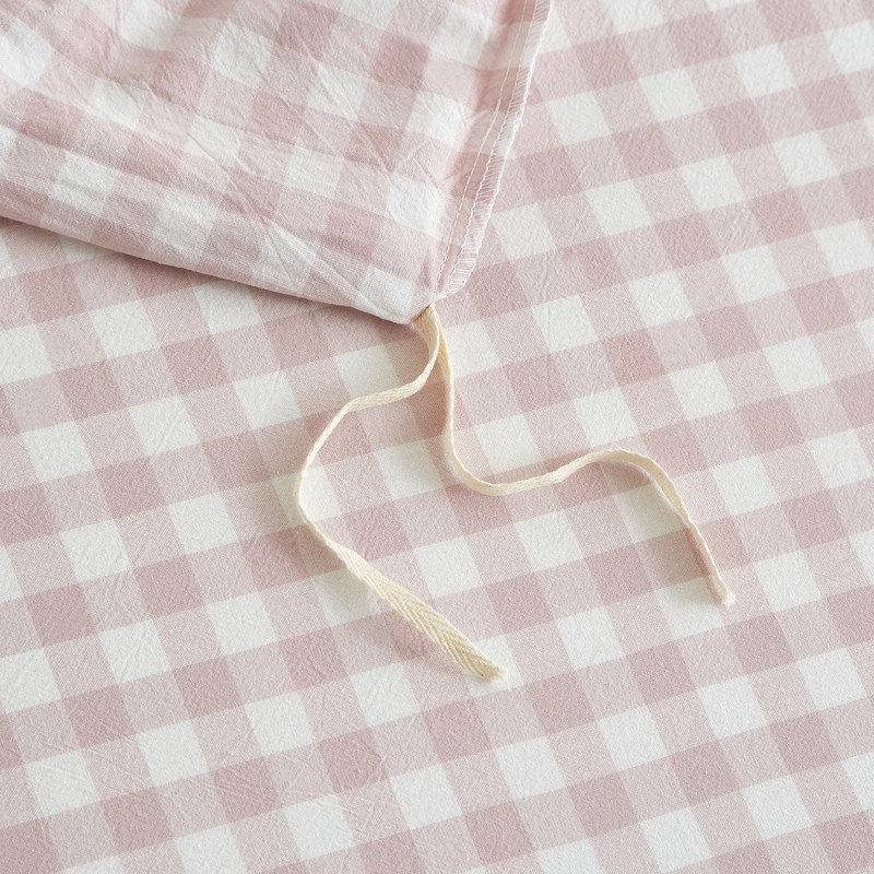 Ensemble de housse de couette 100% coton lavé Vichy, Full Duvet Cover + 2 Pillowcases, Greyish Pink/White Gingham
