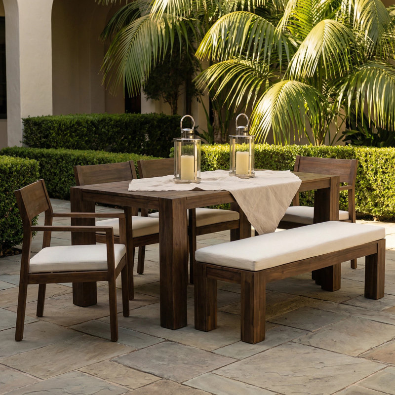 Keaton  6-Piece Rustic Patio Dining Set with Acacia Wood Table and Weather-Resistant Cushions, Mocha