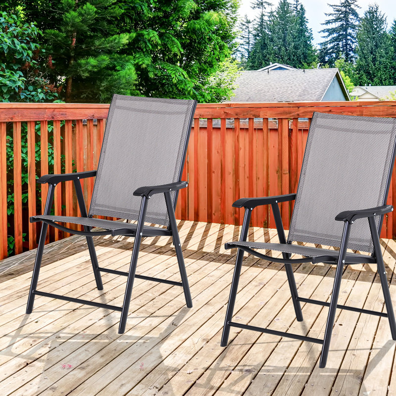 2 Folding Patio Chairs , Stackable Outdoor Sling Armrest For Lawn, Camping, Beach. Gray Metal, No Assembly, 242 Lbs Capacity Barbecue Bearing