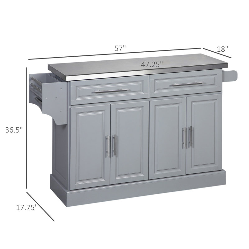 Rolling Kitchen Island With Storage, Portable Kitchen Cart With Stainless Steel Top, 2 Drawers, Spice, Knife And Towel Rack And Cabinets