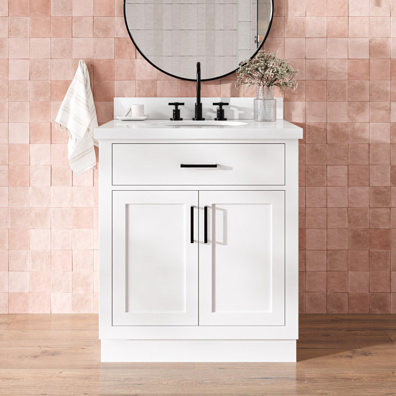 Meuble-lavabo simple 30 po en bois massif avec plateau en quartz 1,5 po Thornaby, Blanc / noir mat, Ovale