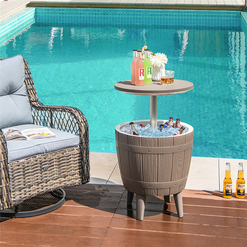 10 Gallon Cooler Bar Table w/ Telescopic Tabletop 3-in-1 Coffee Table Ice Bucket, Brown