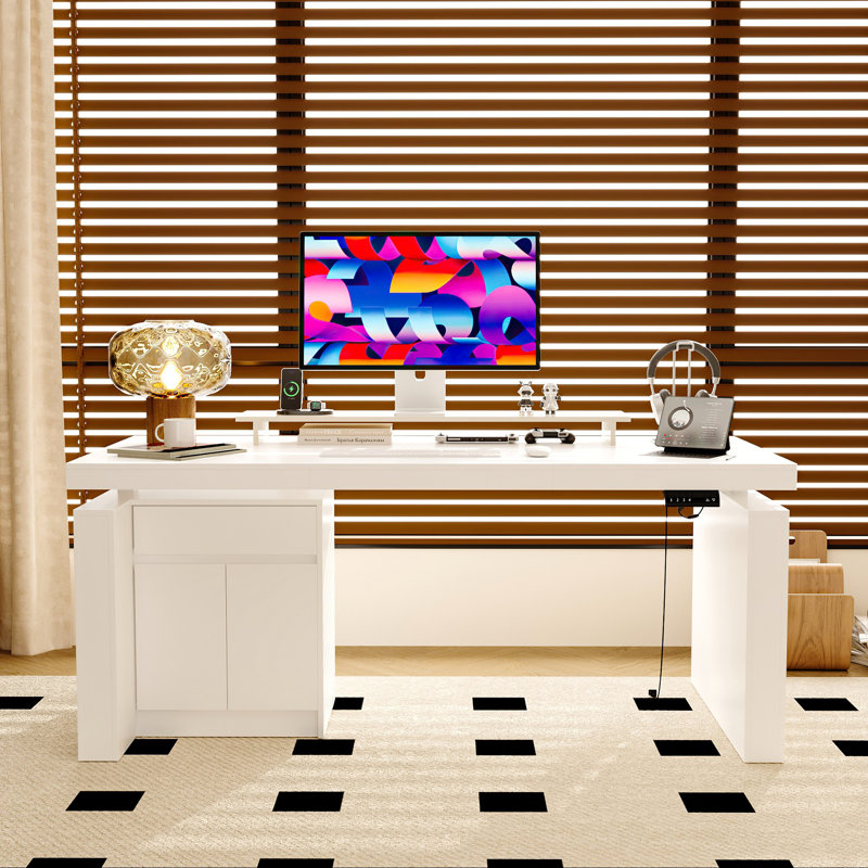 Ergonomic Electric Height-Adjustable Desk With Storage, White