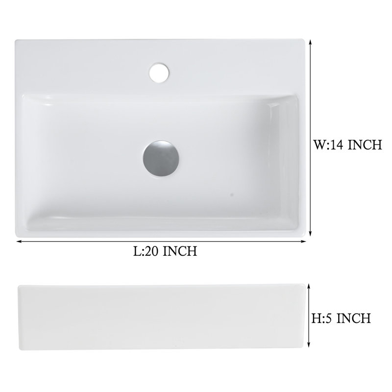 Lavabo de salle de bain intégré en céramique 20 po x 14 po avec 1 trou de robinet et trop-plein en blanc