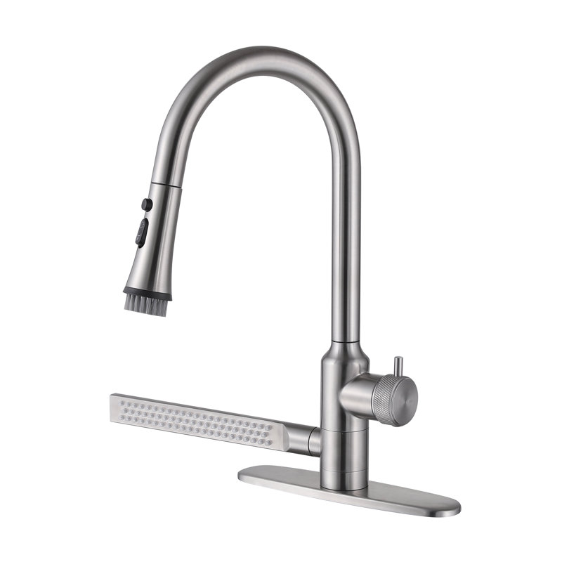 Robinet d'évier de cuisine à poignée simple avec douchette rotative, Nickel poli