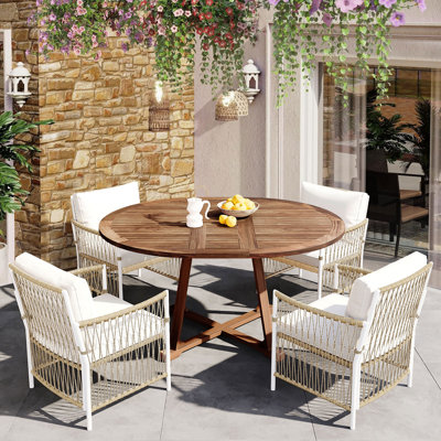 5-Piece Patio Extendable Wooden Dining Table Set with 4 PE Wicker Chairs