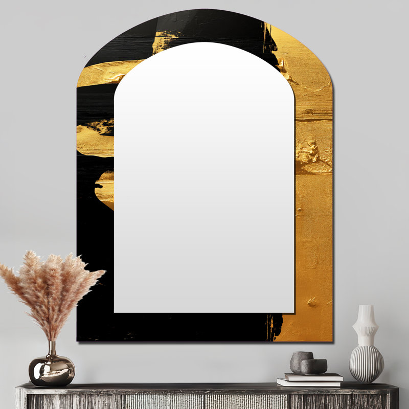 Gold Black Japanese sign Calligraphy II - Japan Arch Wall Mirror, Gold Asymmetrical Decorative Mirror, Printed Metal Art