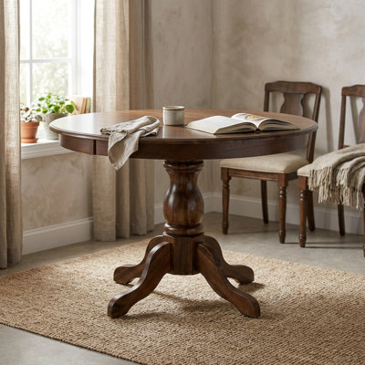 Antique Walnut Light Beige Asian Wood Linen Fabric Round 3 Piece Kitchen Table Set With Expandable Round Top Padded Butten Tufted Chairs