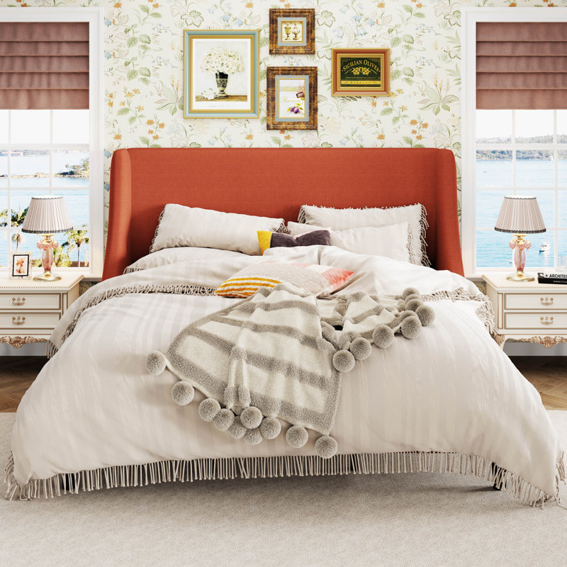 Bowdoin Modern Linen Upholstered Wingback Platform Bed with Wooden Slats, Burnt Orange, King