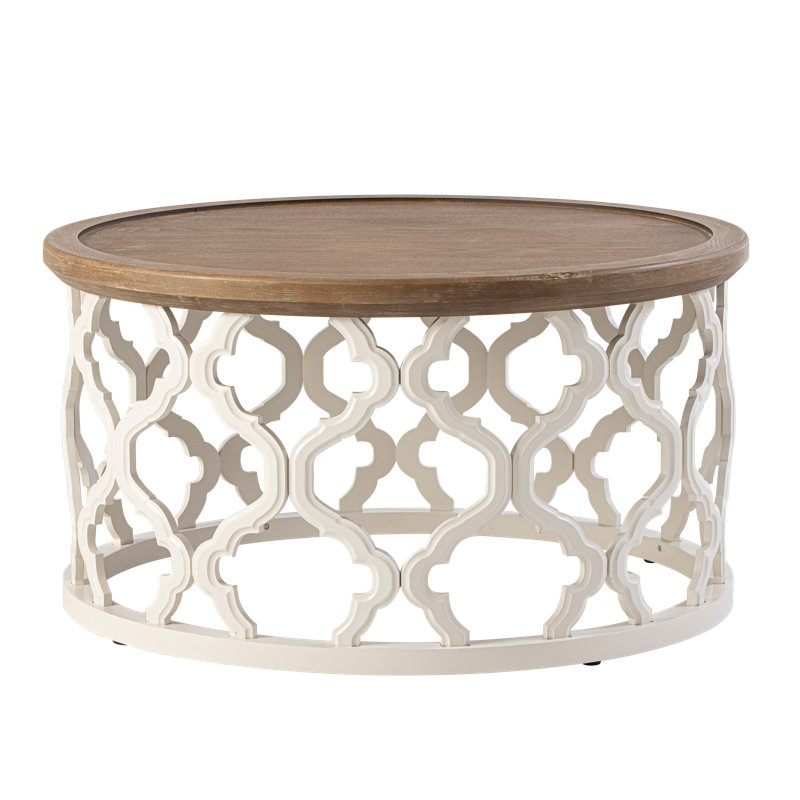Brionica Farmhouse Round Coffee Table, Distressed Tray Top Table With Curved Motif Frame Base For Boho, Rustic, French Country, White